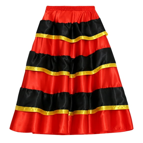 TiaoBug Girls Gypsy Belly Dance Skirt Dance Performance Costume Lace Up Belly Spanish Long Skirt Red&Black 10-12