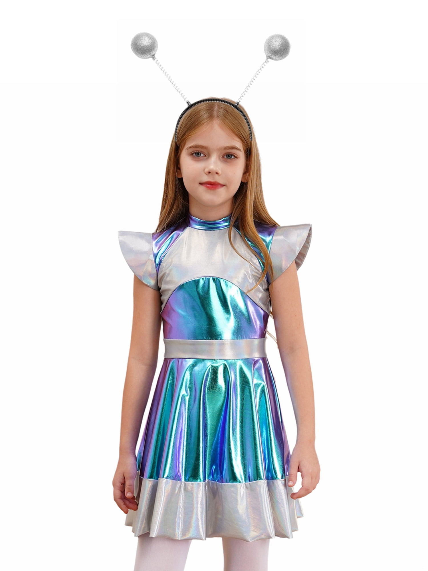 TiaoBug Girls Halloween Alien Costume Shiny Metallic Dress with Hair ...