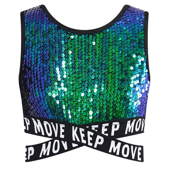 TiaoBug Girls Hip Hop Modern Jazz Stage Performance Tank Vest Sleeveless Dancewear Sparkle Dance Tops Green 6