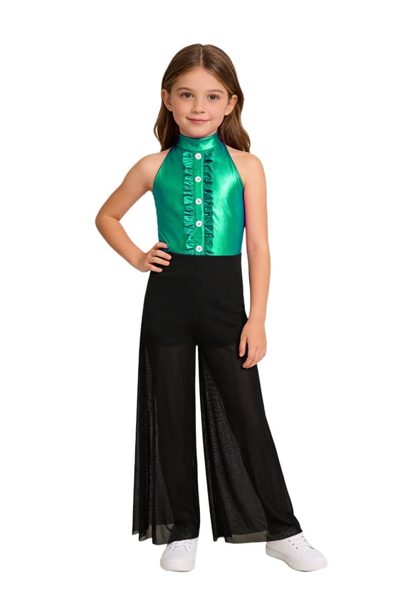 Girls Jazz Dance Jumpsuit with Metallic Bodice Patchwork Mesh Wide Leg Pants Romper for Performance Green 8