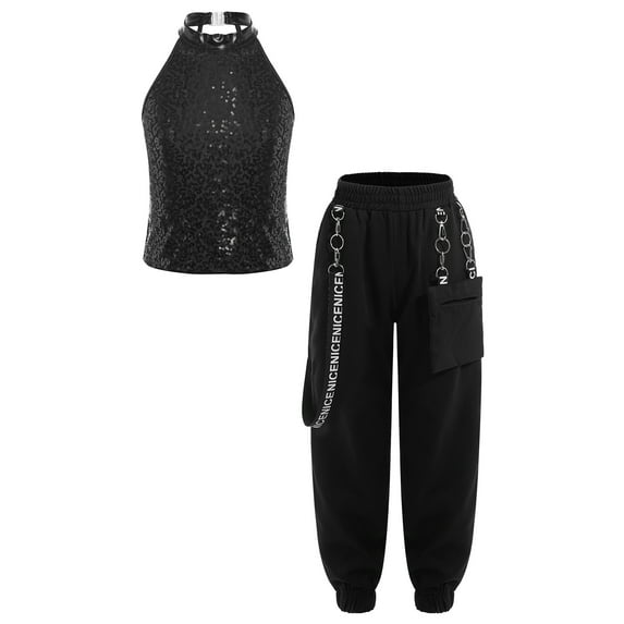 TiaoBug Girls Jazz Dance Performance Costume Hip Hop Dance Clothes Athletic Tracksuit Tank Top and Black 14