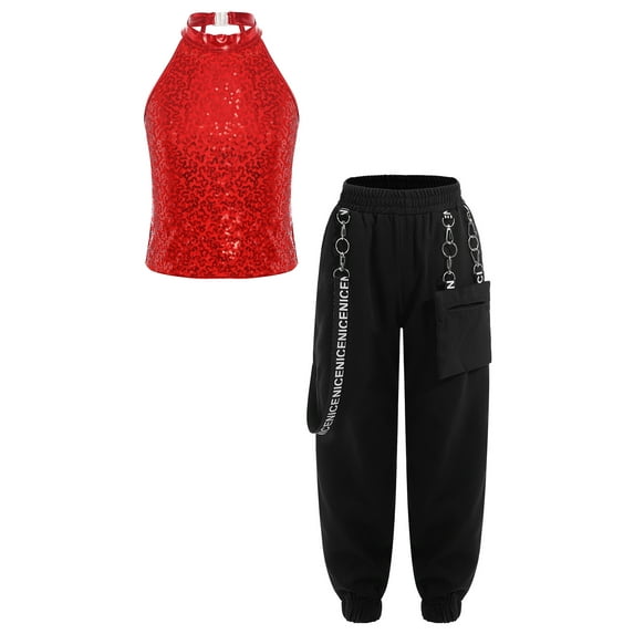 TiaoBug Girls Jazz Dance Performance Costume Hip Hop Dance Clothes Athletic Tracksuit Tank Top and Red 8