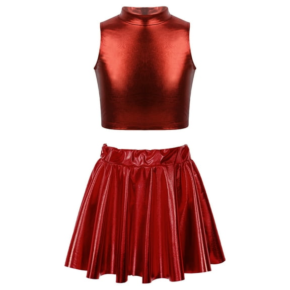 TiaoBug Girls Jazz Hip Hop Dancewear Shiny Metallic Crop Tops Pleated Skirt Set Red-A 14