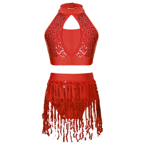 TiaoBug Girls Jazz Latin Dance Outfits Sleeveless Halter Crop Top with Sequins Tassel Shorts Set Samba Costume Red 10