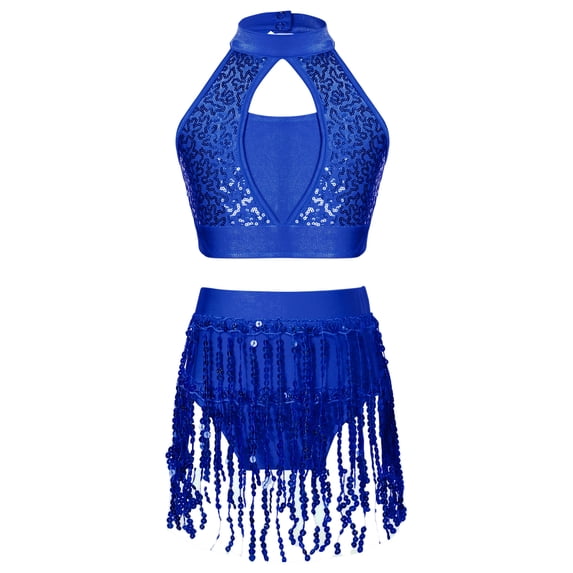 TiaoBug Girls Jazz Latin Dance Outfits Sleeveless Halter Crop Top with Sequins Tassel Shorts Set Samba Costume Royal Blue 16