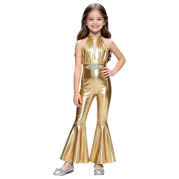 TiaoBug Girls Jumpsuit Shiny Metallic Disco Outfits 70s Retro Hippie Style Sleeveless Flared Pants Rompers Gold 16