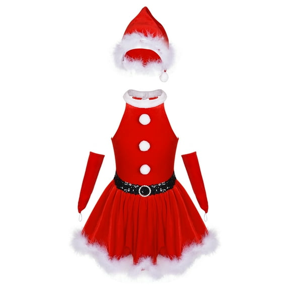 TiaoBug Girls Kids Halter Velvet Figure Ice Skating Dress Christmas Dance Wear Santa Claus Costume Red 16