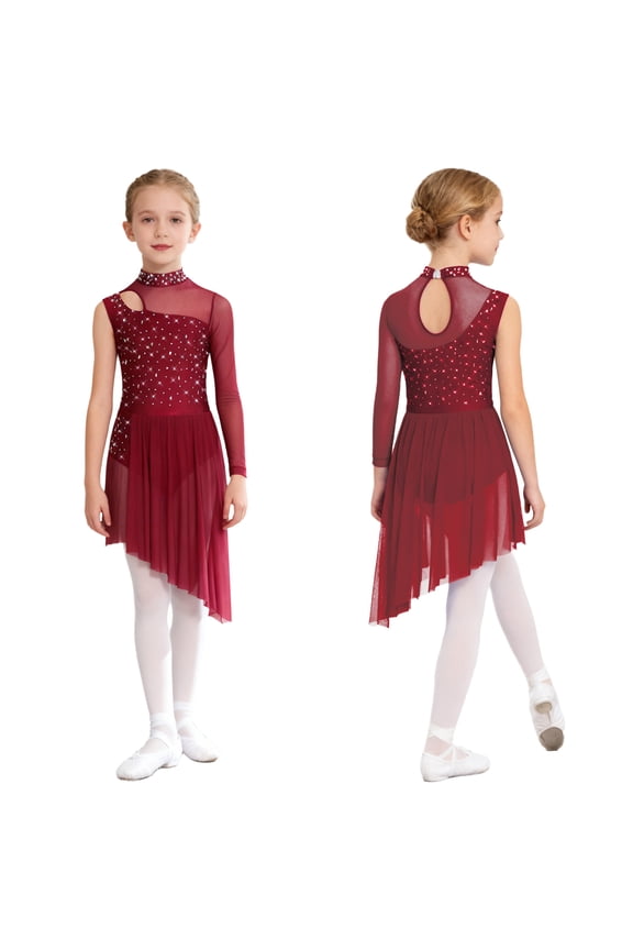 Girls Latin Jazz Ballet Lyrical Dance Dress Figure Ice Skating Asymmetrical Skirt Leotard Dancewear Burgundy 6