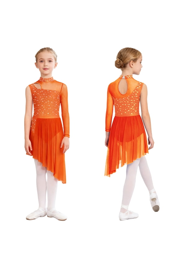 Girls Latin Jazz Ballet Lyrical Dance Dress Figure Ice Skating Asymmetrical Skirt Leotard Dancewear Orange 6