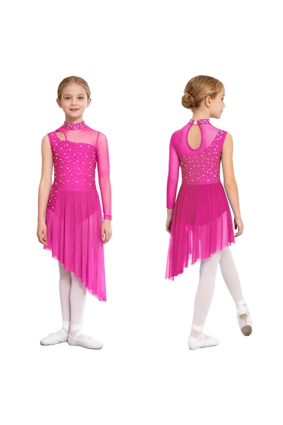 Girls Latin Jazz Ballet Lyrical Dance Dress Figure Ice Skating Asymmetrical Skirt Leotard Dancewear Rose Pink 16