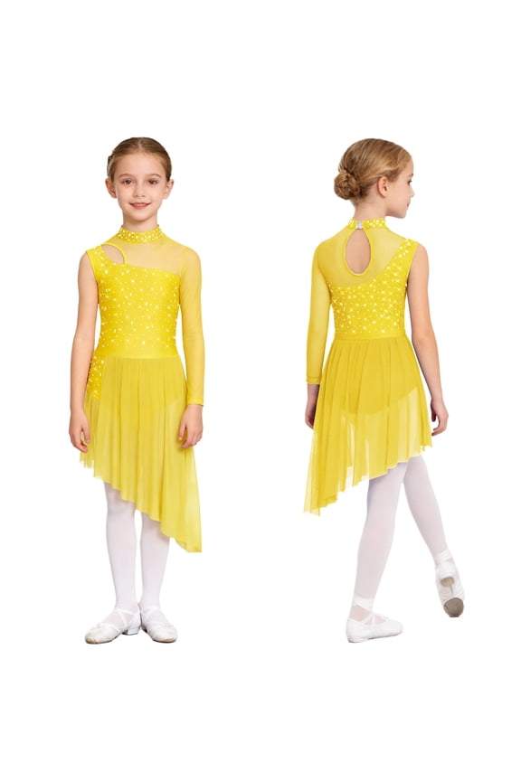 Girls Latin Jazz Ballet Lyrical Dance Dress Figure Ice Skating Asymmetrical Skirt Leotard Dancewear Yellow 16