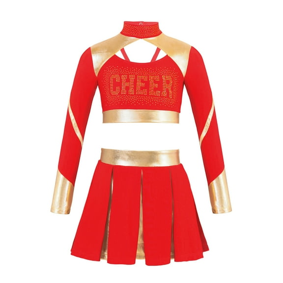 TiaoBug Girls Long Sleeve Crop Top with Skirt Outfits Cheer Leader Children Party Dress Up Costume Red 12