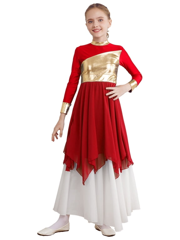 Girls Long Sleeve Praise Dance Dress Full Length Lyrical Dancewear Red 6