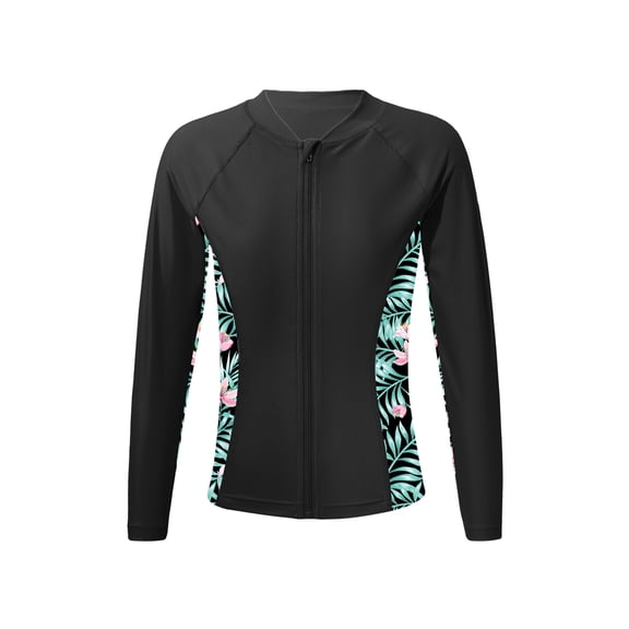 TiaoBug Girls Long Sleeve Swim Top Side Printed Zipper Surfing Jacket Coat Swimwear Black 12