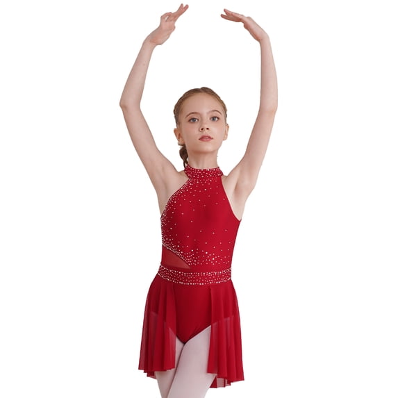 TiaoBug Girls Lyrical Dance Dresses Shiny Rhinestone Sleeveless Gymnastics Skating Leotard Flowy Dress Burgundy 14