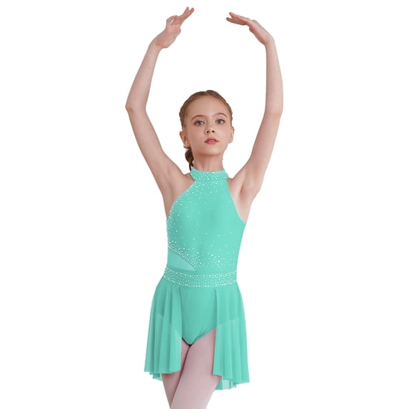 TiaoBug Girls Lyrical Dance Dresses Shiny Rhinestone Sleeveless Gymnastics Skating Leotard Flowy Dress Mint Green 16