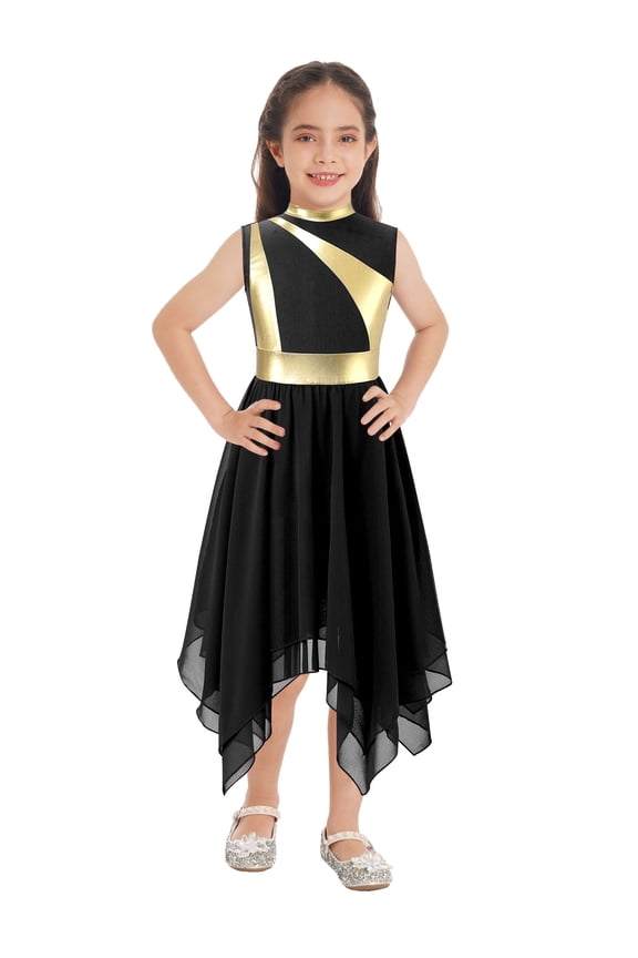 Girls Lyrical Dance Outfit Sleeveless Metallic Tulle Tunic Dress with Wide-Leg Pants Dancewear Set Black 12