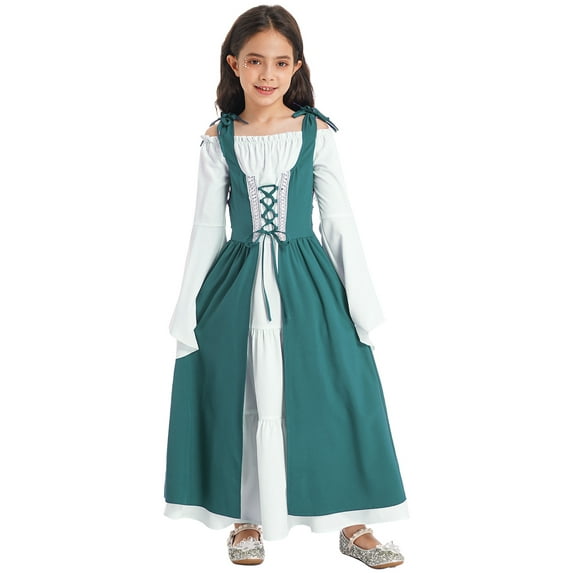 TiaoBug Girls Medieval Princess Renaissance Dress Lace-up Vintage Maxi Dress Halloween Cosplay Fancy Dress Green 6