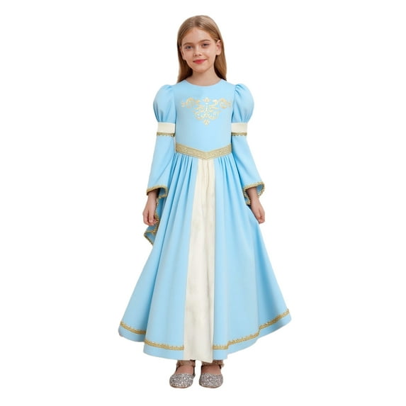 TiaoBug Girls Medieval Princess Royal Queen Renaissance Faire Dress Long Bell Sleeve Velvet Party Maxi Gown Light Blue 14