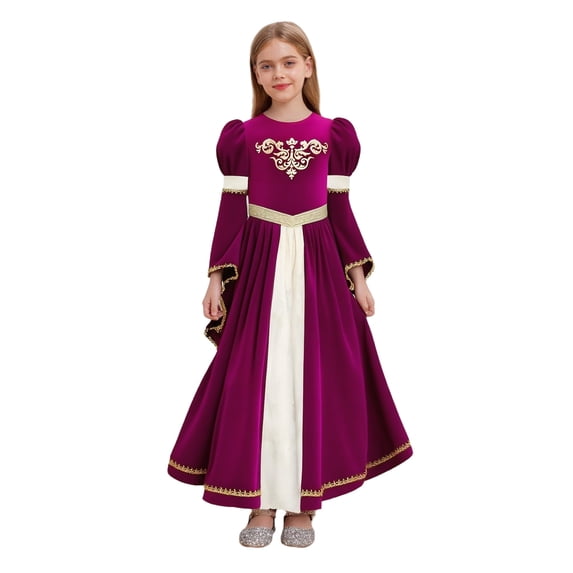 TiaoBug Girls Medieval Princess Royal Queen Renaissance Faire Dress Long Bell Sleeve Velvet Party Maxi Gown Rose Pink 16