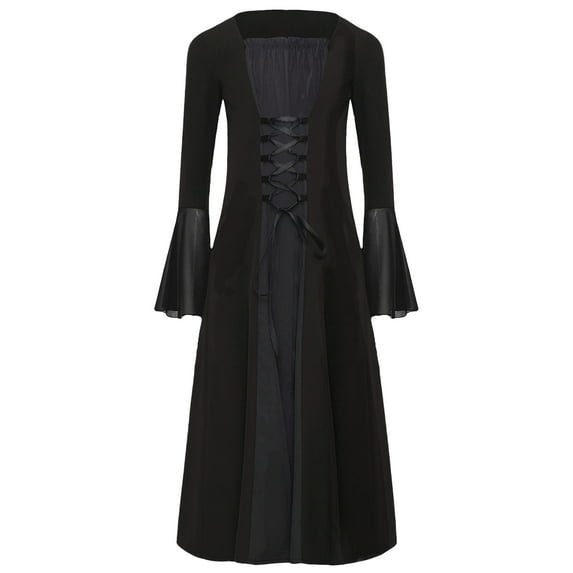 TiaoBug Girls Medieval Renaissance Dress Long Sleeve Lace-Up Halloween Gothic Victorian Corset Dress Black 10