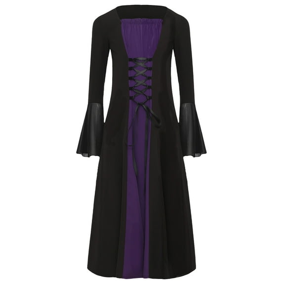TiaoBug Girls Medieval Renaissance Dress Long Sleeve Lace-Up Halloween Gothic Victorian Corset Dress Purple 14