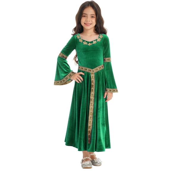 TiaoBug Girls Medieval Retro Long Dress Halloween Costume Kids Flare Sleeve Velvet Princess Carnival Ball Gown Green 8