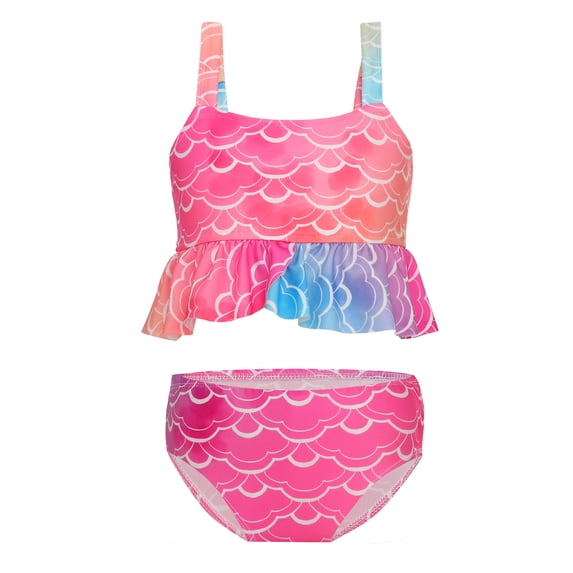 TiaoBug Girls Mermaid Swimsuit Fish Scale Printed Ruffle Tank Top with Swim Briefs Pool Swimwear Orange 7-8
