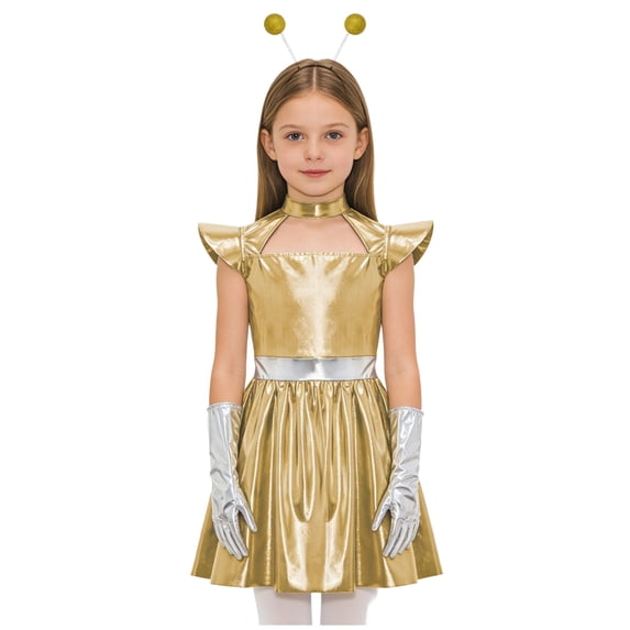 TiaoBug Girls Metallic Alien Dress Outer Space Themed Party Outfits with Alien Hair Hoop and Metallic Gloves 3Pcs Set Gold 6