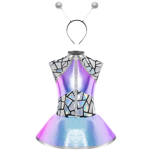 TiaoBug Girls Metallic Alien Dress Sleeveless Outer Space Themed Party Outfits with  Alien Hair Hoop 2Pcs Set Blue Sliver 16