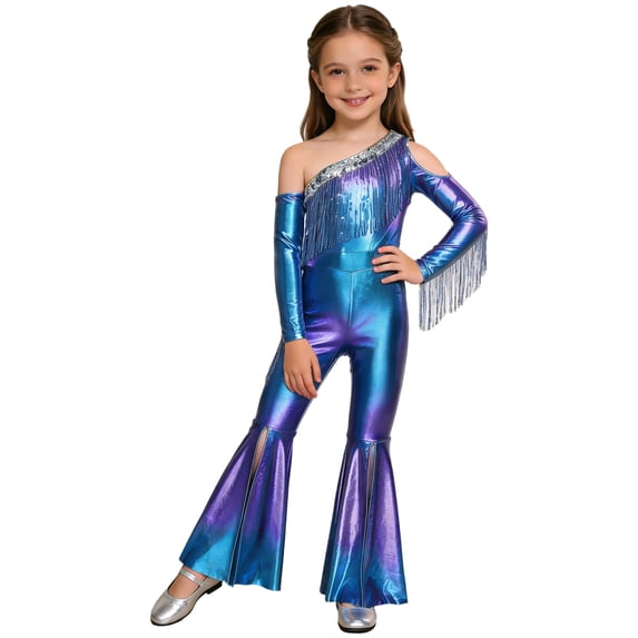 TiaoBug Girls Metallic One Shoulder Flared Jumpsuit 70s Disco Dance Outfit Kids Pageant Party Formal Romper Blue 10
