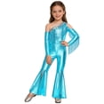 thumbnail image 1 of TiaoBug Girls Metallic One Shoulder Flared Jumpsuit 70s Disco Dance Outfit Kids Pageant Party Formal Romper Light Blue 10, 1 of 7