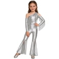 thumbnail image 1 of TiaoBug Girls Metallic One Shoulder Flared Jumpsuit 70s Disco Dance Outfit Kids Pageant Party Formal Romper Silver 12, 1 of 7