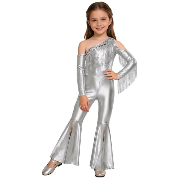 TiaoBug Girls Metallic One Shoulder Flared Jumpsuit 70s Disco Dance Outfit Kids Pageant Party Formal Romper Silver 12