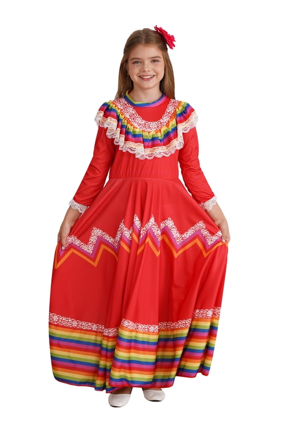 Girls Mexican Folklorico Dance Dress Long Sleeve National Dancewear with Flower Hair Clip Red 5-6