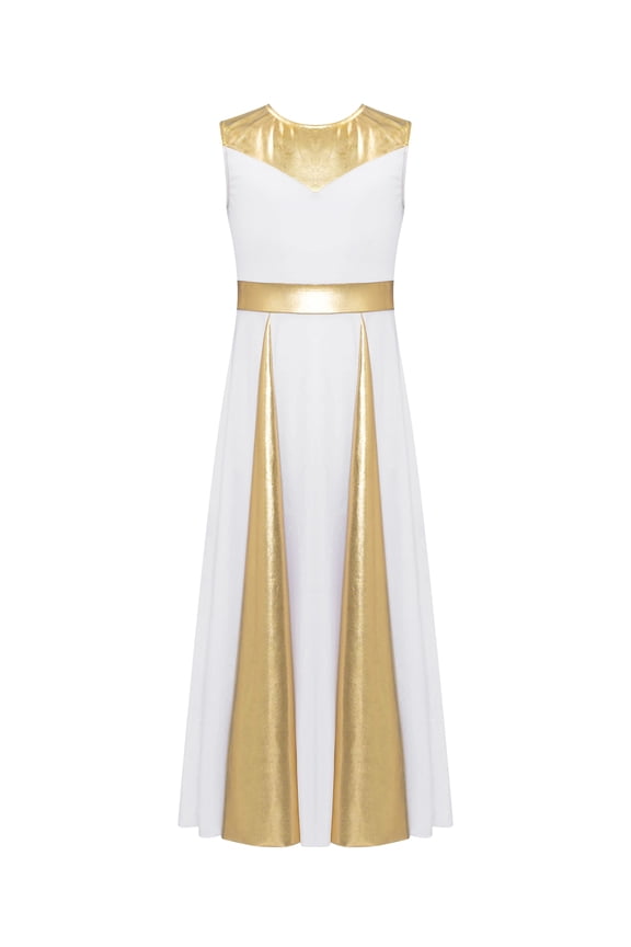 Girls Praise Lyrical Dance Dress Metallic Bicolor Sleeveless Liturgical Worship Swing Robe White 8