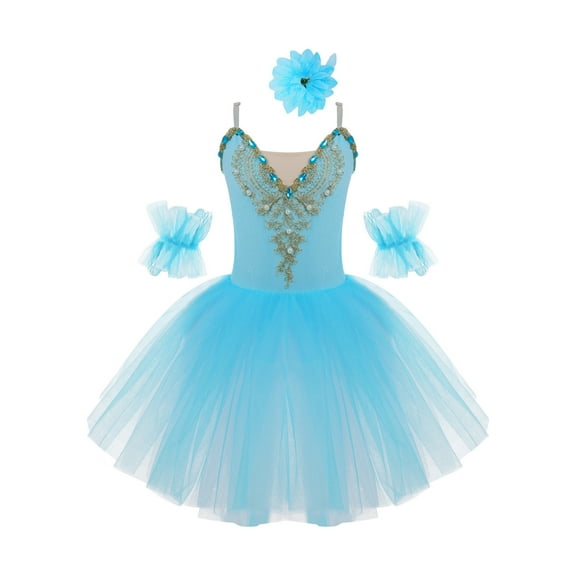 TiaoBug Girls Professional Ballet Leotards Tutu Dress Ballerina Swan Lake Competition Dancewear Light Blue 3-4
