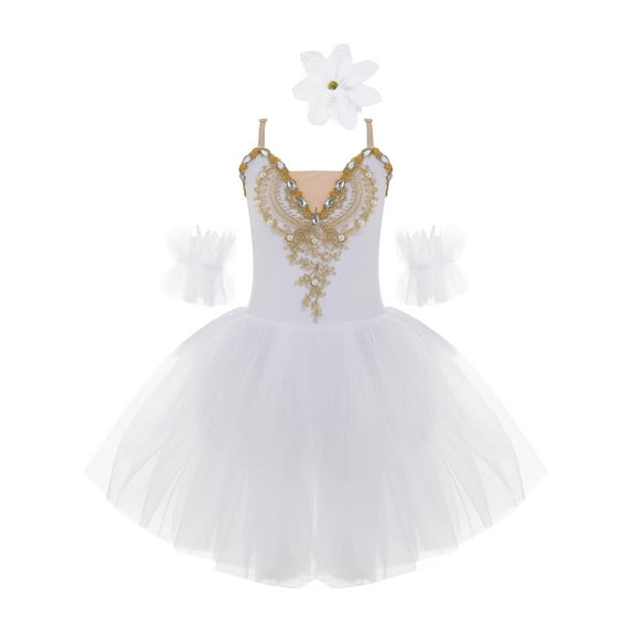 TiaoBug Girls Professional Ballet Leotards Tutu Dress Ballerina Swan Lake Competition Dancewear White 3-4