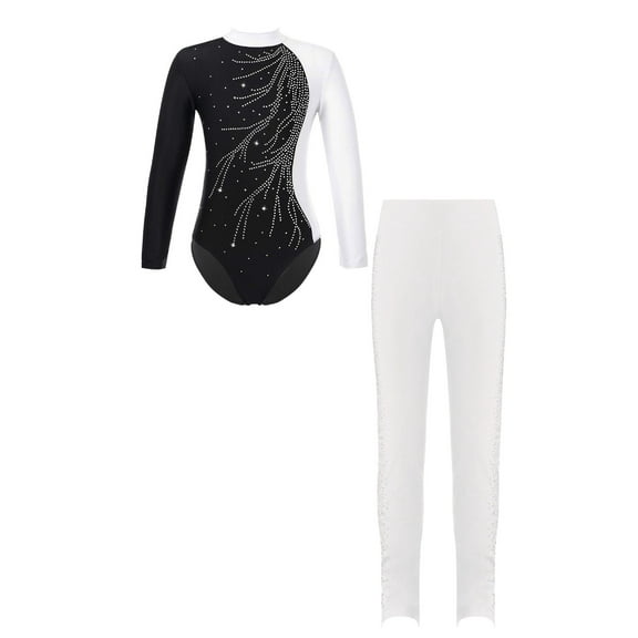 TiaoBug Kids Girls Figure Skating Performance Costume Shiny Rhinestones Leotard Tops with Pants Athletic Outfits White 16