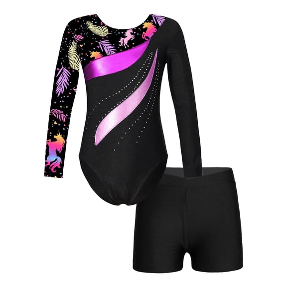 TiaoBug Girls Rhinestone Long Sleeve Gymnastic Leotard with Shorts Tumbling Athletic Unitard Black 10