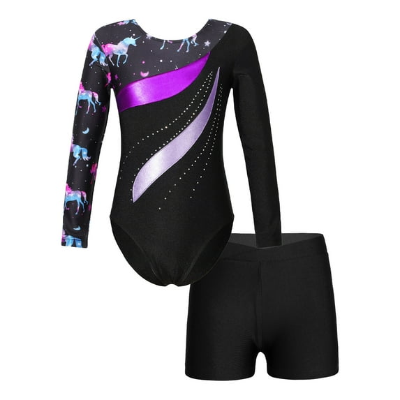 TiaoBug Girls Rhinestone Long Sleeve Gymnastic Leotard with Shorts Tumbling Athletic Unitard Black&Purple 12