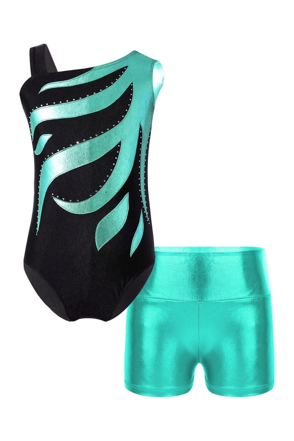 Girls Rhinestone Sleeveless Gymnastics Workout Leotard Ballet Dance Biketard with Metallic Shorts Sets Swimwear Blue Green 6