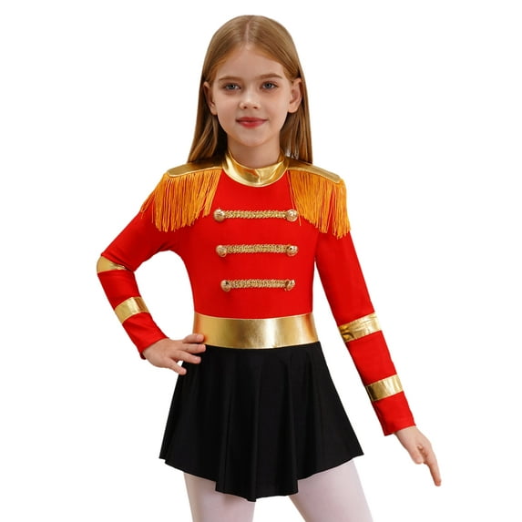 TiaoBug Girls Ringmaster Fringe Leotard Kids Circus Magician Performance Halloween Party Dancewear Red 6