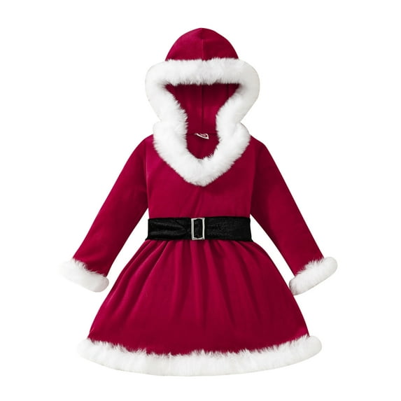 TiaoBug Girls Santa Claus Costume Long Sleeve Hooded Dress Christmas Princess Dress Red 4-5T