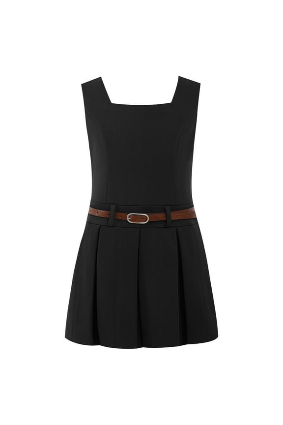 Girls School Uniform Jumper Sleeveless U-Neck Pleated Dress with Belt Black 12