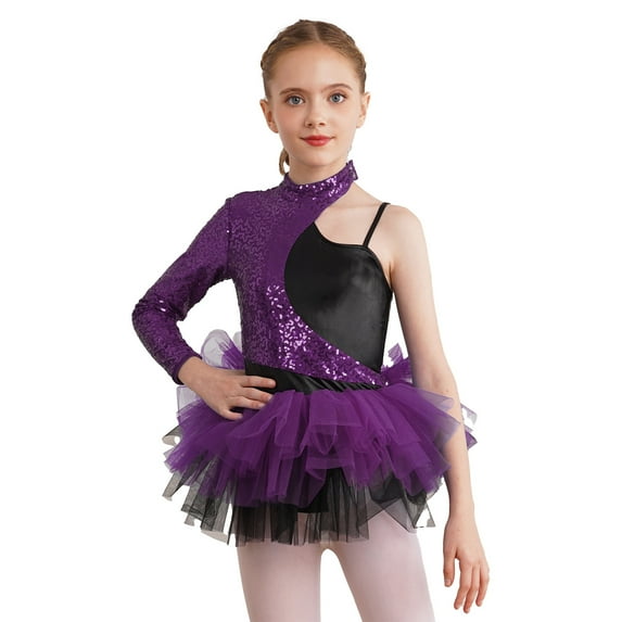TiaoBug Girls Sequin Ballet Dance Leotard One Shoulder Tutu Dress Dancing Costume for Jazz Hip Hop Purple 6