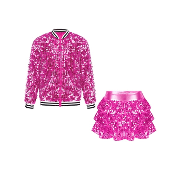 TiaoBug Girls Sequin Hip Hop Jazz Dance Outfits Disco Party Dress 2-Piece Jacket and Mini Skirt Set Hot Pink 8