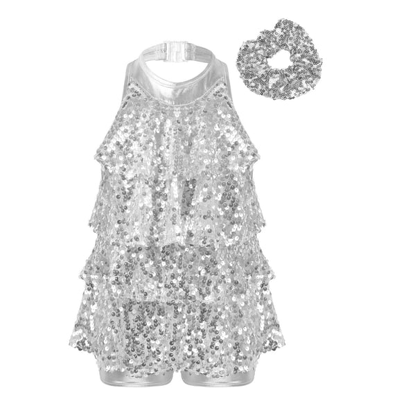 TiaoBug Girls Sequin Jazz Hip Hop Tassel Dance Dress Gymnastic Sleeveless Skirt Leotard with Hair Tie Silver 12
