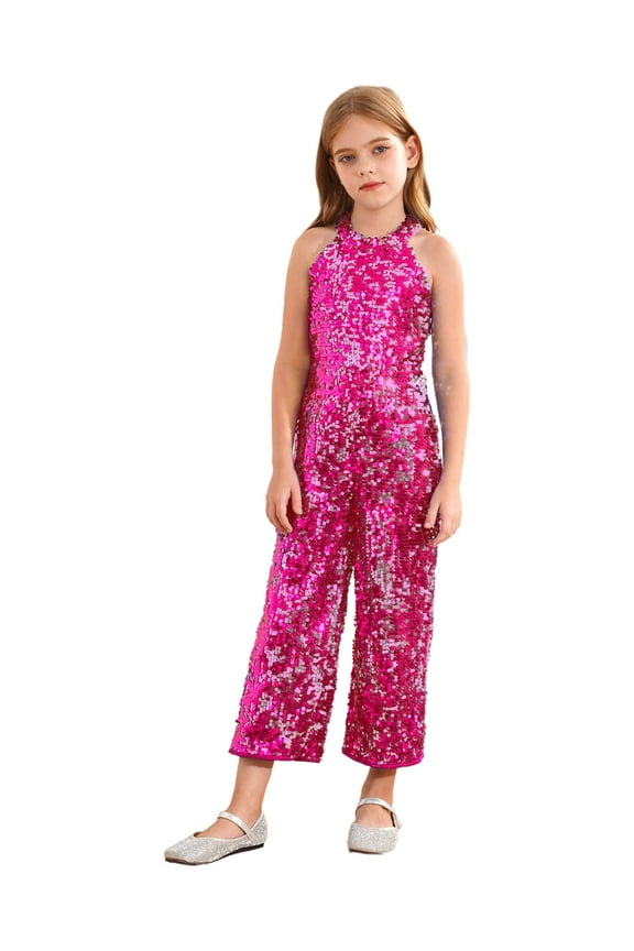 Girls Sequin One Piece Jumpsuit Halter Princess Pageant Birthday Cocktail Party Sleeveless Romper Hot Pink 10