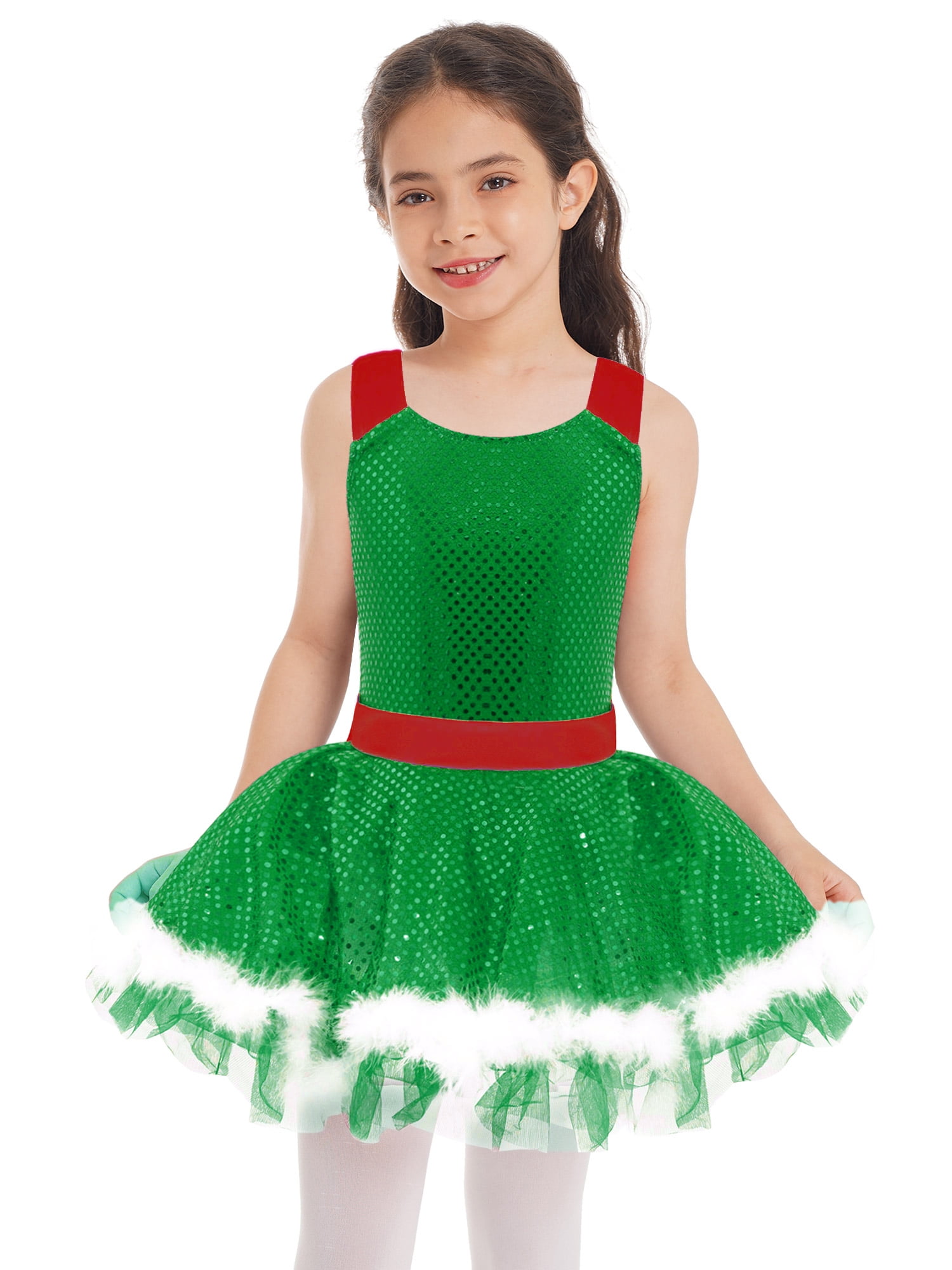 TiaoBug Girls Sequined Faux Fur Tutu Dress Christmas Ballet Dance